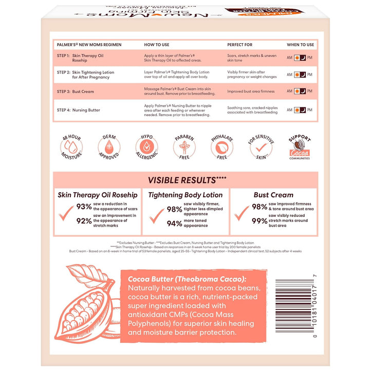 Cocoa Butter Formula New Moms Skin Recovery Postpartum Essentials, Body Lotion (8.5 Oz) + Nursing Butter (1.1 Oz) + Bust Cream (4.4 Oz) + Skin Therapy Oil (2 Oz), Dermatologist Approved