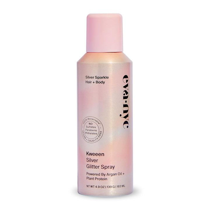 Eva NYC Kweeen Silver Hair and Body Glitter Spray - Our Original Ultra Shimmery Glitter, New Look - Adds Shine + Non-Sticky - Quick Drying Sparkle Spray - Warm Vanilla Scent - 4.9 Oz