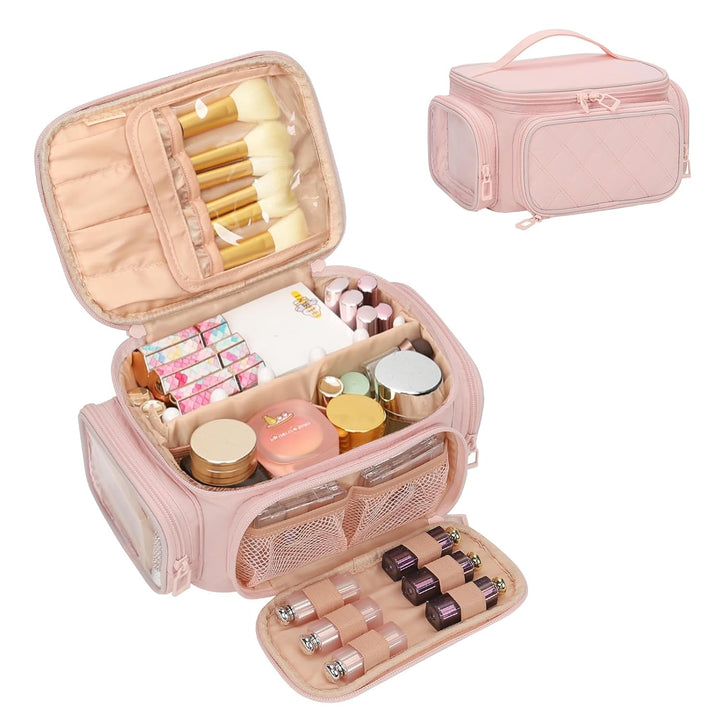 Makeup Bag, Portable Cosmetic Bag, Large Capacity Travel Makeup Case Organizer, Black for Women Toiletry Bag for Girls Traveling with Handle and Divider