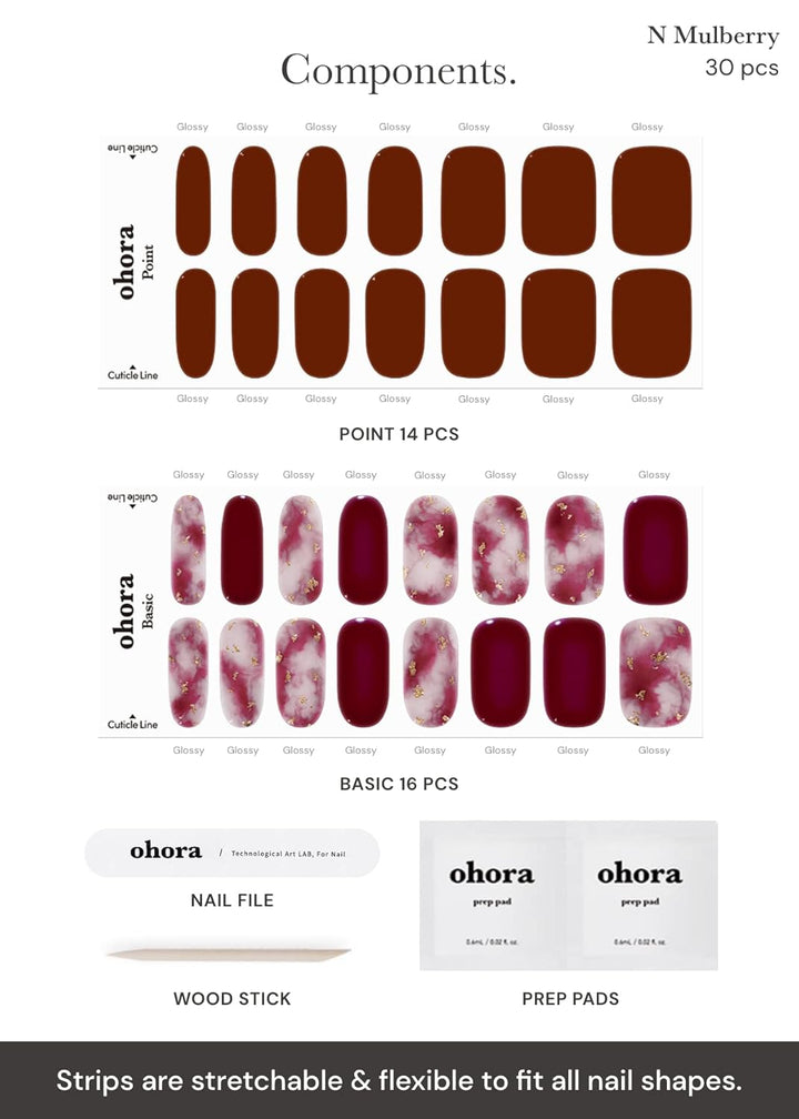 Semi Cured Gel Nail Strips (N Mulberry) - Red, Ombre, Works with Any UV/LED Lamps, Salon-Quality, Long Lasting, Easy to Apply & Remove - Includes 2 Prep Pads, Nail File & Wooden Stick