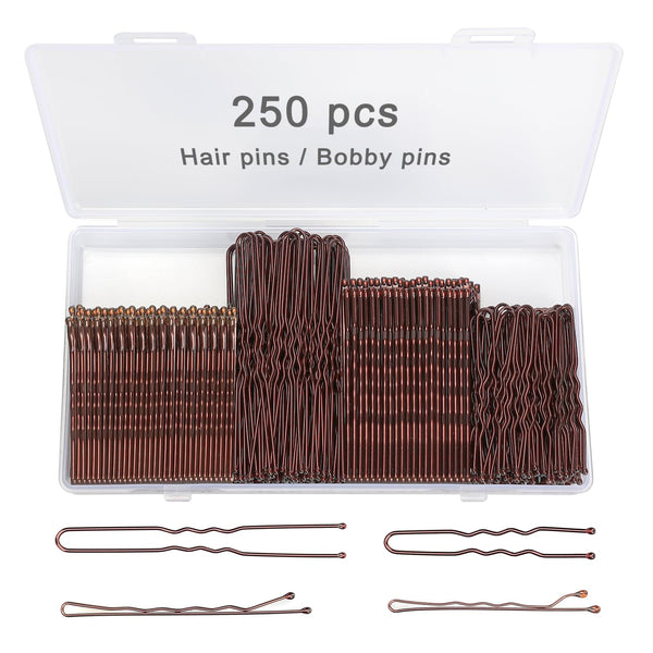 250 Pcs Hair Pins Bobby Pins Brown Hair with Storage Box, Wavy Bobby Pins 2Inch 2.4Inch, U Shaped Hair Pins 2Inch 2.8Inch, Suitable for All Hair Types, Hair Clips Hair Pin for Women and Girls