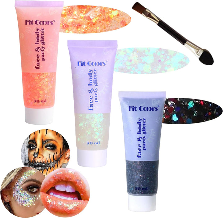 Body Glitter Face Glitter Gel: Singer Concerts Disco Festival Rave Accessories Face Glitter Makeup 150Ml Chunky Sequins Mermaid Face Body Hair Glitter Gel (White&Silver&Pink)