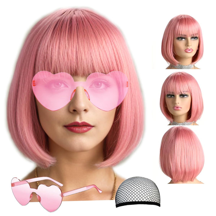 Short Bob Hair Wigs Straight with Flat Bangs Synthetic Colorful Cosplay Daily Party Neon Wig for Women + Free Wig Cap 14" Natural as Real