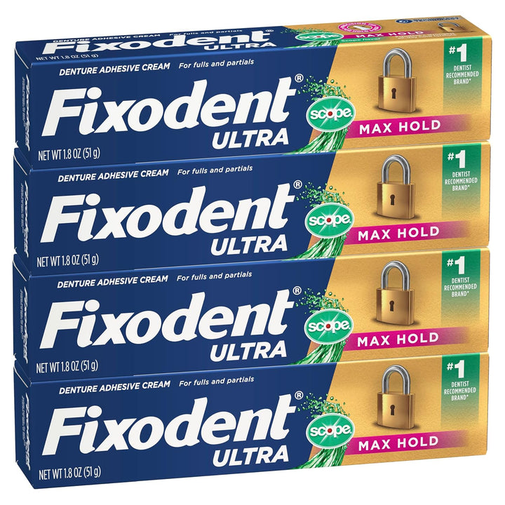Ultra Max Hold plus Scope Secure Denture Adhesive for Full and Partial Denture Wearers, 1.8Oz 4 Pack