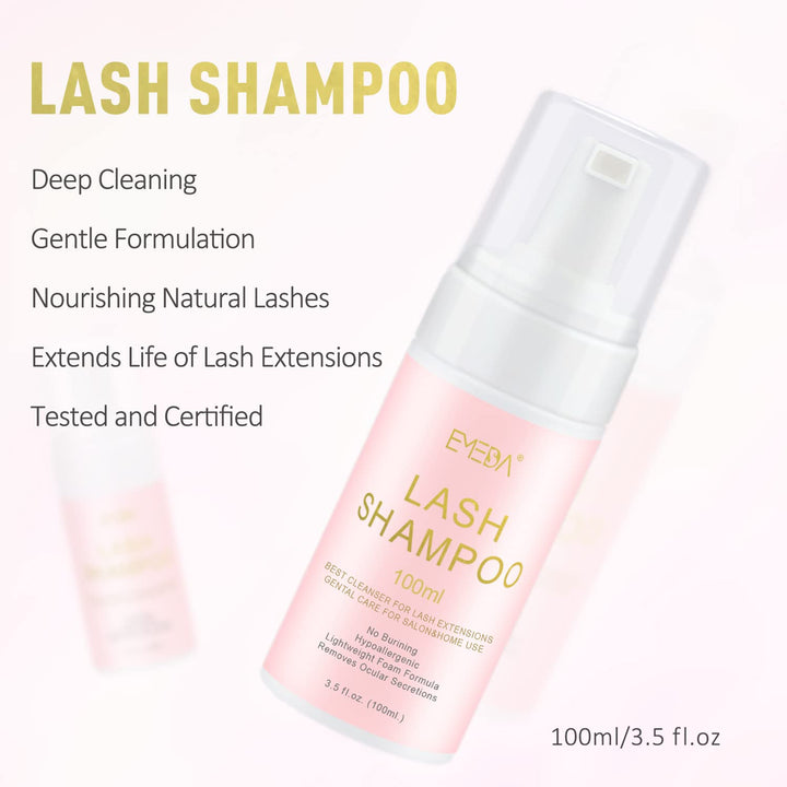 Lash Shampoo Kit - 3.38 Fl.Oz / 100Ml Gentle Foam Lash Cleanser, Oil-Free Cleaning for Wash Extension/Natural Eyelash Bath with Rinse Bottle Brush