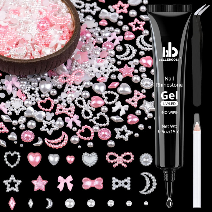 600Pcs 3D Multi Shapes Nail Charms and Flatback Pearls, White Mix Styles Heart Star Bow Sunflower Embellishments for Nail Art, Craft and Decoration with Glue Gel, Tweezer and Pickup Pencil