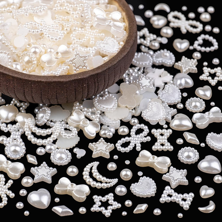 600Pcs 3D Multi Shapes Nail Charms and Flatback Pearls, White Mix Styles Heart Star Bow Sunflower Embellishments for Nail Art, Craft and Decoration with Glue Gel, Tweezer and Pickup Pencil