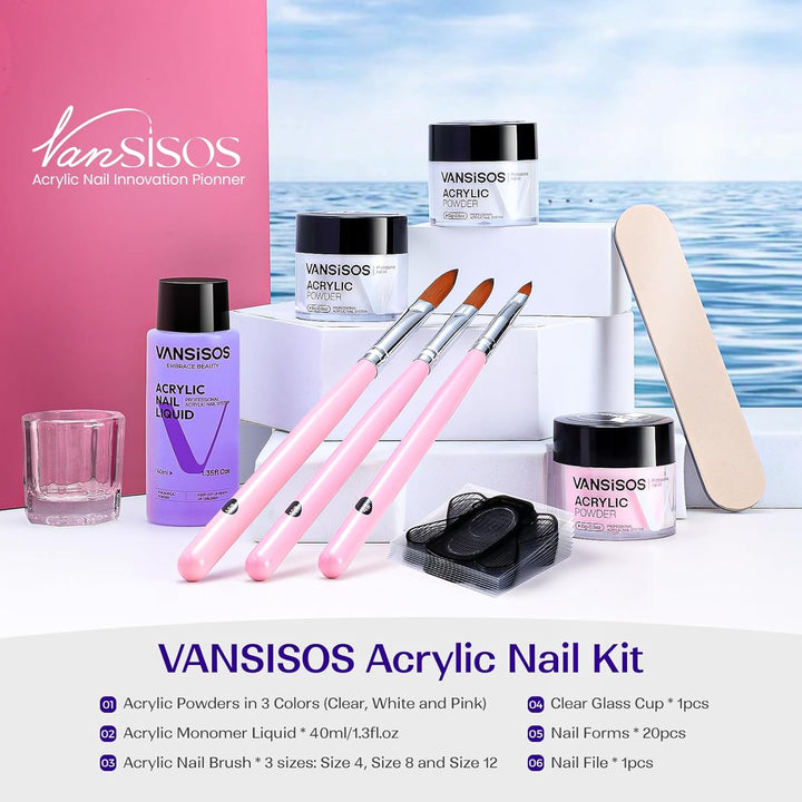 Acrylic Nail Kit for Beginners: Clear White Pink Powder and Liquid Set Professional Nails Kit Acrylic Set with Brushes for Home DIY