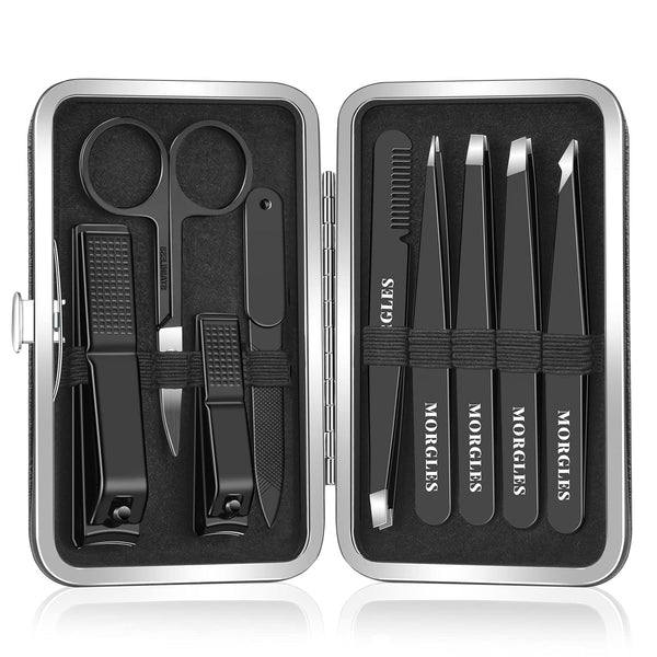 Tweezers Set and Nail Clippers, 9 Pcs Stainless Steel Tweezers Kit for Men Professional Manicure Set for Men Grooming Kit with Leather Travel Case