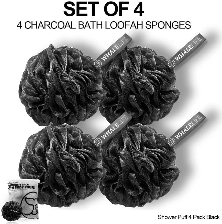 Shower Puff 4 Pack Black Bath Sponge Shower Loofahs Pouf Ball Nature Bamboo Charcoal Mesh Bulk Puffs Large, Shower Essential Skin Care by