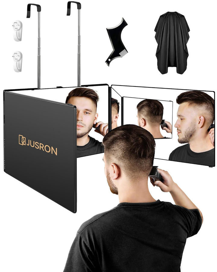 360 Viewing Angle Self Hair Cutting Mirror, Clear Anti-Fog HD Glass (Black without LED without Accessories)