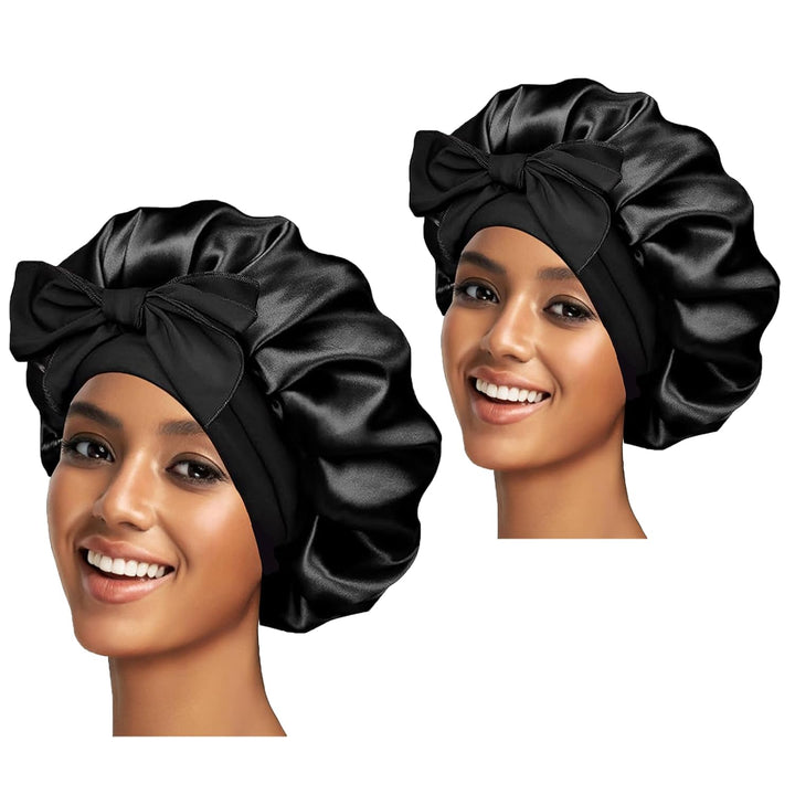 Silk Bonnet Satin Bonnet for Sleeping Large Bonnets with Tie Band Hair Wrap with Adjustable Straps Hair Cap for Women Curly Black