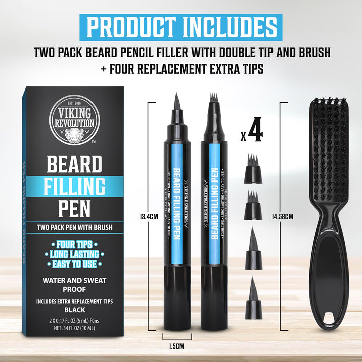Beard Pen (2 Pack) - Black Beard Pencil Filler for Men Lapiz Para Barba De Hombre - Beard Filler for Men Waterproof Beard Filling Pen Kit - Long Lasting Beard Filler Pen with Brush