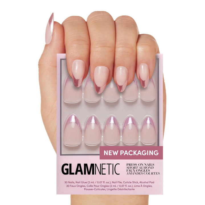 Press on Nails - Madamn | French Tip Nails, UV Finish Short Pointed Almond Shape, Salon Quality Semi-Transparent Nails in 12 Sizes - 24 Nail Kit with Glue
