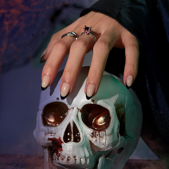 French Tip Press on Nails Almond - Black Press on Nails Short, Glue on Nails for Women Gift, Supremely Fit Natural Reusable Stick on Nails in 16 Sizes - 32 Fake Nails Kit, Black French