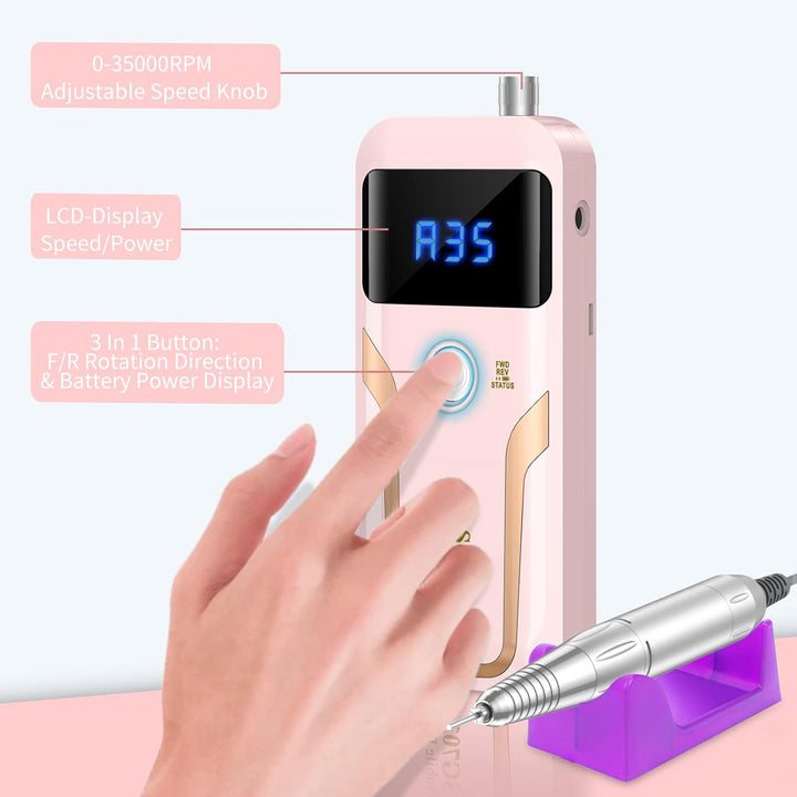 Portable Nail Drill Professional 35000 RPM,  Rechargeable Electric Nail File Machine E File for Acrylic Gel Polishing Removing, Cordless E-File with Bits Kit for Manicure Salon Home, Pink