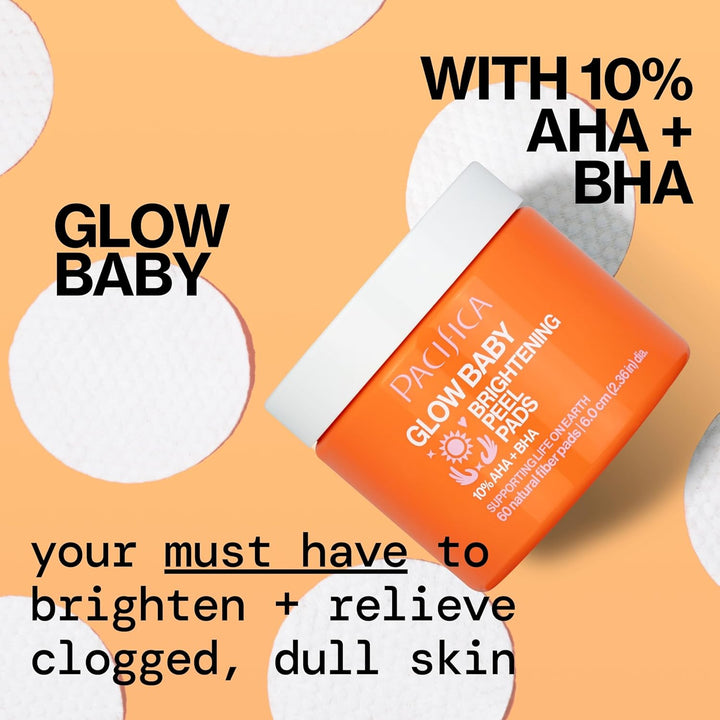 Glow Baby Brightening Peel Pads 10% AHA + BHA Exfoliating Face Pads for Glowing Skin Resurfacing Glycolic Acid & Salicylic Acid Pad to Smooth Texture & Minimize Pores Fragrance Free 60 Count