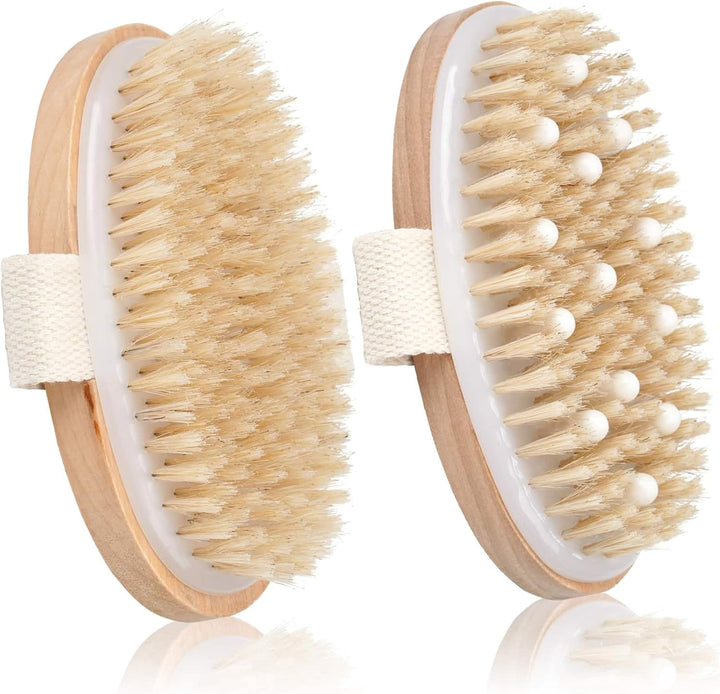 2 Pack Dry Brushing Body Brush, Natural Bristle Exfoliating Brush with Massage Nodes, for Lymphatic Drainage and Improving Skin Health and Reduces Acne