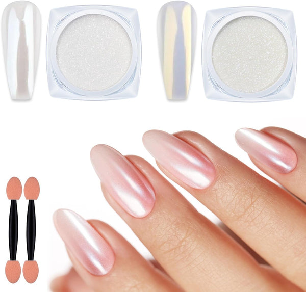 2 Jars Chrome Nail Powder White and Gold Pearl,Iridescent Aurora Powder Metallic Mirror Effect Pigment Pearlescent Mermaid Pearl Glitter Dust Kit (White and Gold)