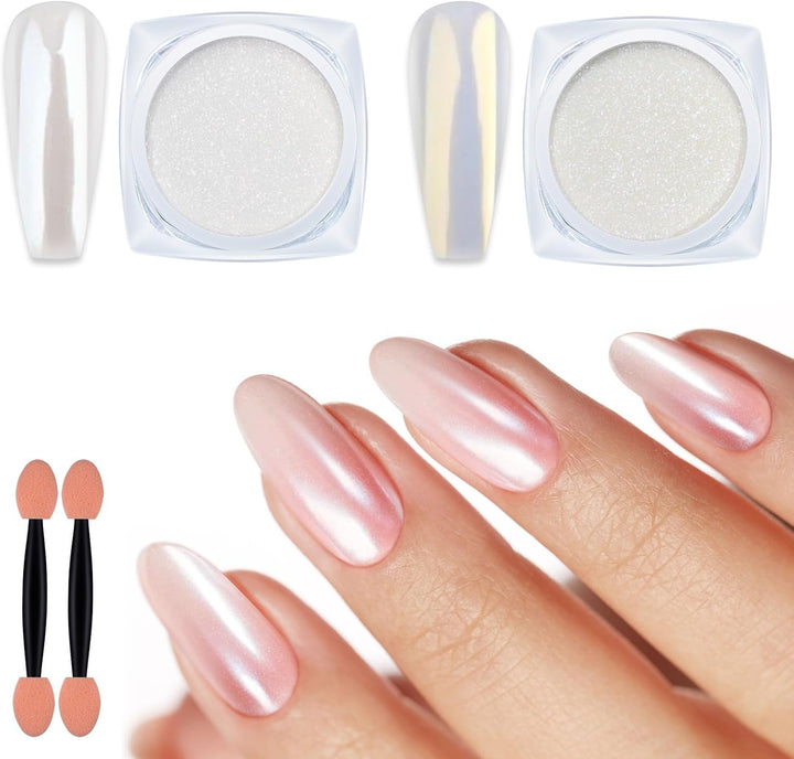 2 Jars Chrome Nail Powder White and Gold Pearl,Iridescent Aurora Powder Metallic Mirror Effect Pigment Pearlescent Mermaid Pearl Glitter Dust Kit (White and Gold)