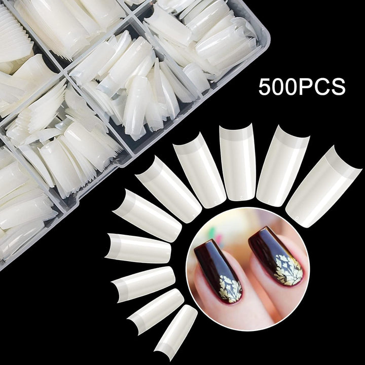500PCS Half Cover False Nails Tips - Acrylic Nail Tips 10 Sizes Lady French Style Acrylic Artificial Tip Manicure with Box for Nail Tips Art Salons and Home DIY