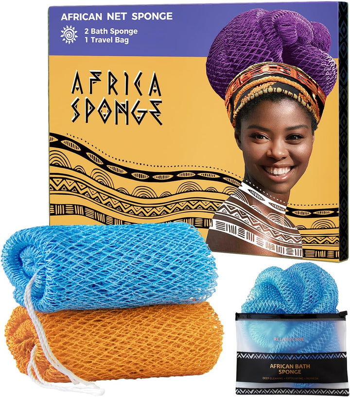 African Net Sponge Authentic - 2 Pieces Loofah Exfoliating Body Scrubber Bath Sponge - Back Scrubber Washcloth for Shower - Real African Scrub Exfoliator Body Care Bathing Accessories for Women