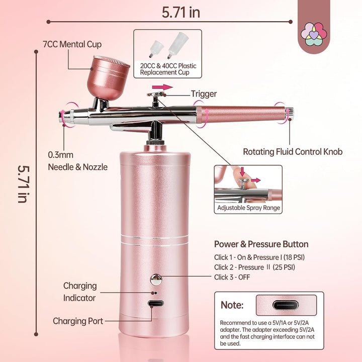 Super-Stable Airbrush Kit: 25 PSI Precision Airbrush for Nails Recharge Dual-Mode Airbrush Gun 0.3Mm Nozzle Airbrush Machine Makeup Protable Airbrush Gel Nail Ombre French Paint Nail Art