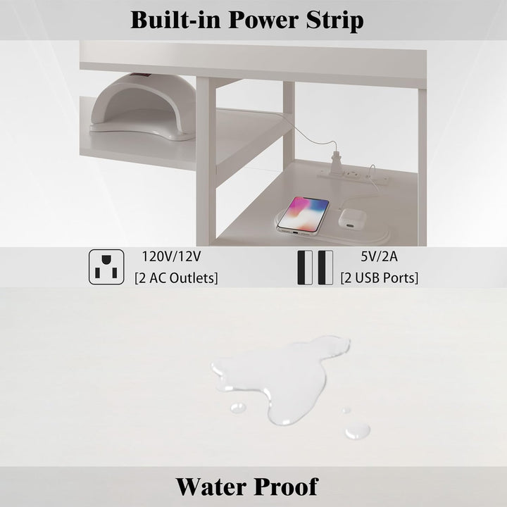 Manicure Table Nail Desk for Nail Tech with Drawers and Power Outlet,Nail Beauty Table with Storage and Open Shelves for Home,Workshop,Makeup Beauty Salon Workstation (White)