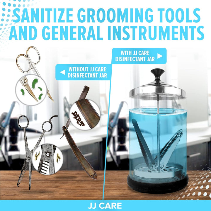 Disinfectant Jar (21 Oz) - Barber Disinfectant Jar Glass, Sanitizer Container W/Stainless Steel Removable Strainer & Cap for Manicure, Salon, Spa and Barber Tools - Black Lid