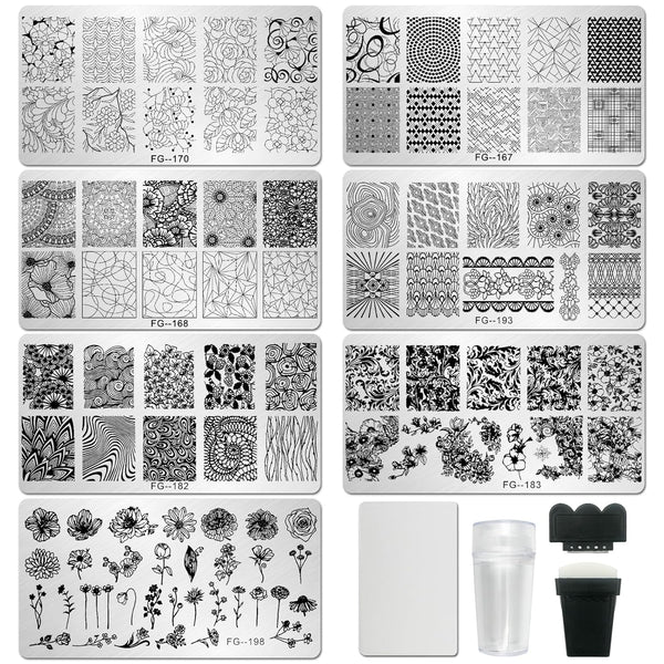 Nail Stamper Kit 7Pcs Nail Stamping Plates Geometric Mandala Flower Nail Stencils with 2 Stamp and 2 Scraper for Home Salon Manicure Design Supplies Tools