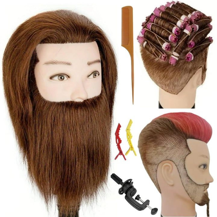 Mannequin Head Human Hair for Hair Styling, Barber Mannequin Head Male with 100% Human Hair and Beard Cosmetology Training Manikin Head with Stand