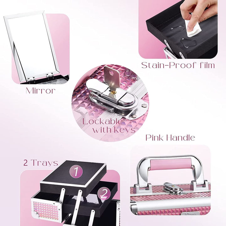 Makeup Train Case Makeup Case Organizer Portable Cosmetic Box Storage with 2 Trays Mirror Locking Make up Travel Case for Nail Kits Cosmetics Craft Traveling Makeup Box Mermaid Pink