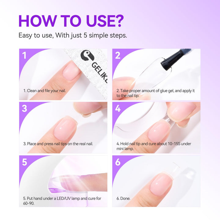 Gel Nail Glue for Press on Nails: 6 in 1 Strong UV Nail Glue for Nail Tips and Acrylic Fake Nail - Long Lasting 28 Days Quick Dry - Beginner Friendly DIY for Home Salon