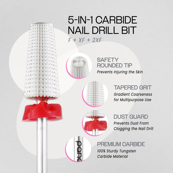 Nail Carbide 5 in 1 Bit - Two Way Rotate Use for Both Left and Right Handed - Fast Remove Acrylic or Hard Gel - 3/32" Shank - Manicure, Nail Art, Drill Machine (Fine - F, Silver)