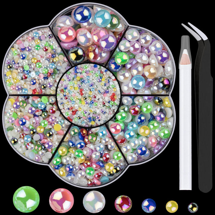 Nail Art Flat Back Half round Pearl Kits 3, Mixed Sizes 6000 Pcs White Small Pearls for Nails with Picking Tools for Graduation Cap Decorations Home DIY Body Face Craft Salon Use