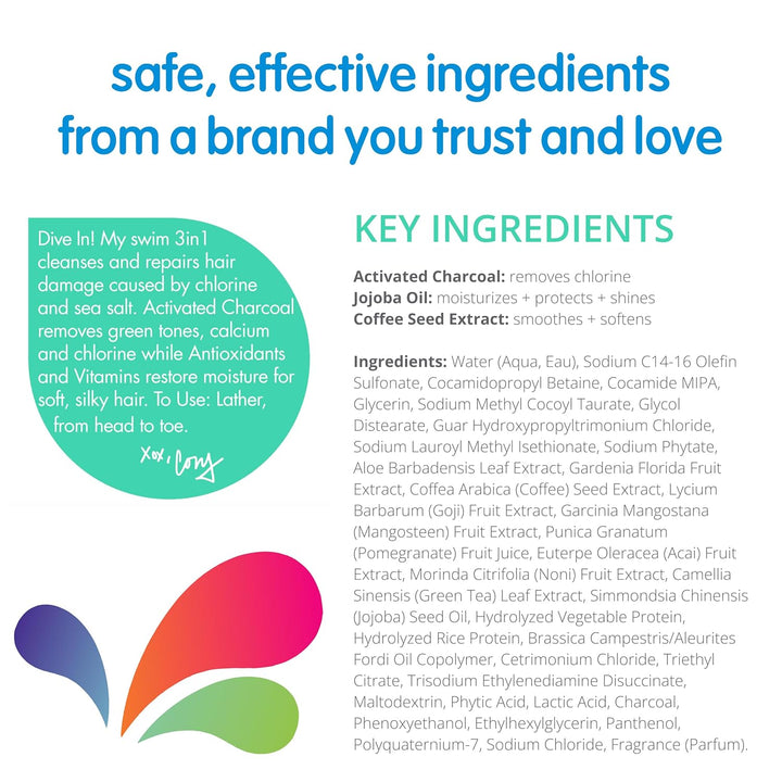 Kids Swim 3-In-1 Shampoo, Conditioner & Body Wash - 3-In-1 Combo Pool Shampoo & Conditioner for Swimmers - Salt & Chlorine Removing Activated Charcoal