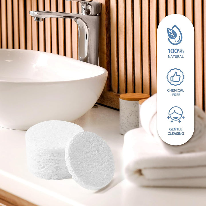 50-Count Compressed Facial Sponges,  White Cellulose 100% Natural Cosmetic Spa Sponges for Facial Cleansing, Exfoliating Mask, Makeup Removal