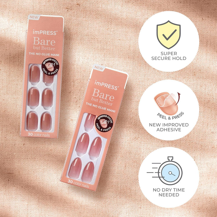 KISS  No Glue Mani Press on Nails, 'Instinct', Light Pink, Short Size, Squoval Shape, Includes 30 Nails, Prep Pad, Instructions Sheet, 1 Manicure Stick, 1 Mini File