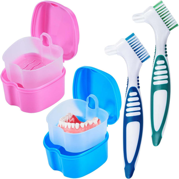 2 Pack Denture Bath Case Cup Box Holder Storage Container with Denture Cleaner Brush Strainer Basket for Travel Cleaning (Light Blue and Blue)