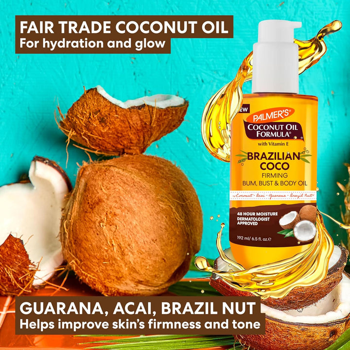 Coconut Oil Formula Brazilian Coco Firming Body Oil with Vitamin E, 6.5 Fl Oz, Helps with Skin Tightening & Firming of Bum, Bust & Belly, Provides 48Hr Moisture, Dermatologist Approved
