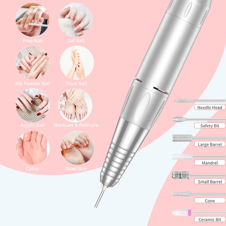 Portable Nail Drill Professional 35000 RPM,  Rechargeable Electric Nail File Machine E File for Acrylic Gel Polishing Removing, Cordless E-File with Bits Kit for Manicure Salon Home, Pink