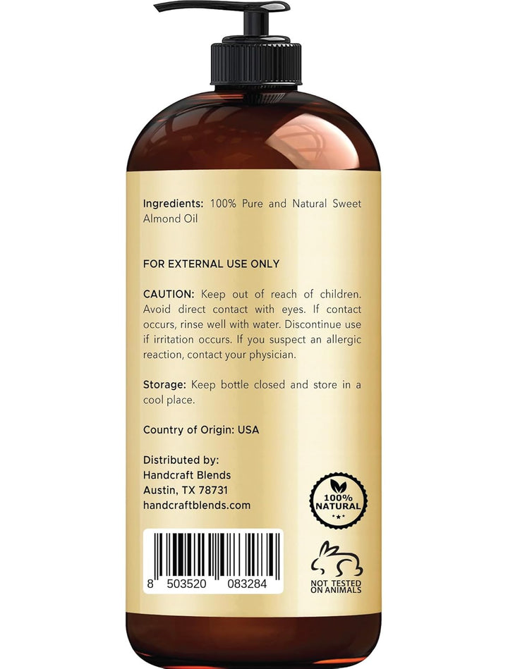 Sweet Almond Oil - 16 Fl Oz - 100% Pure and Natural - Premium Grade Carrier Oil for Skin and Hair - Hair and Body - Massage - Hexane-Free