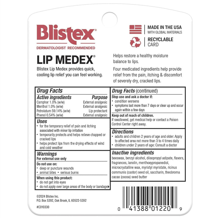 Lip Medex, 0.25 Ounce, 3 Count, Medicated Relief with Immediate Cooling, Soothes and Protects, Advanced Hydration, Restores Healthy Moisture Balance to Lips, 1 Pack