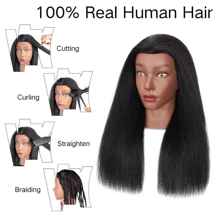18"  Mannequin Head Human Hair with Tripod Set, 100% Real Hair Cosmetology Manikin Doll Head for Hairdresser Practice Braiding with Tripod Set and Tools