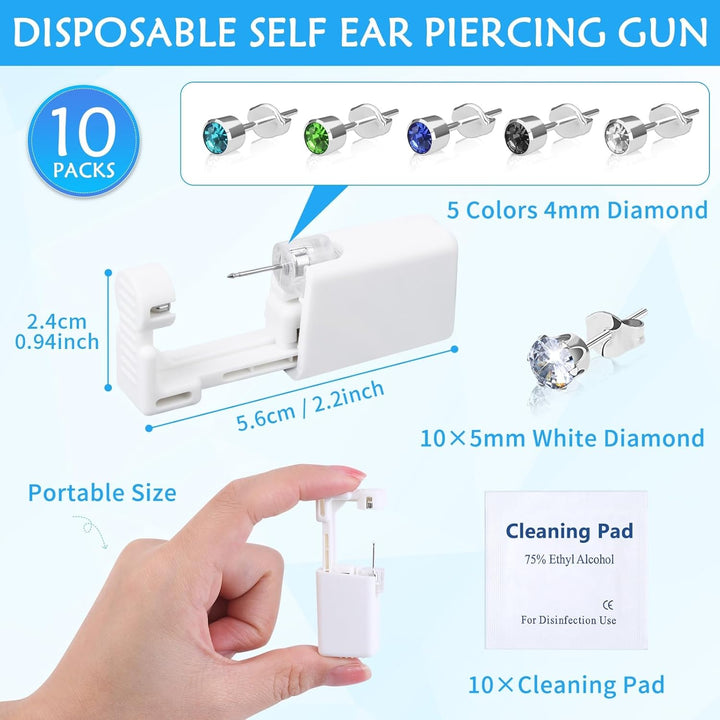 30Pcs Ear Piercing Kit, Self Ear Piercing Gun with Preloaded Piercing Studs, Disposable Earring Gun with Silver Earrings for at Home Salon Earlobe Cartilage Helix Tragus Piercing Tool Kit
