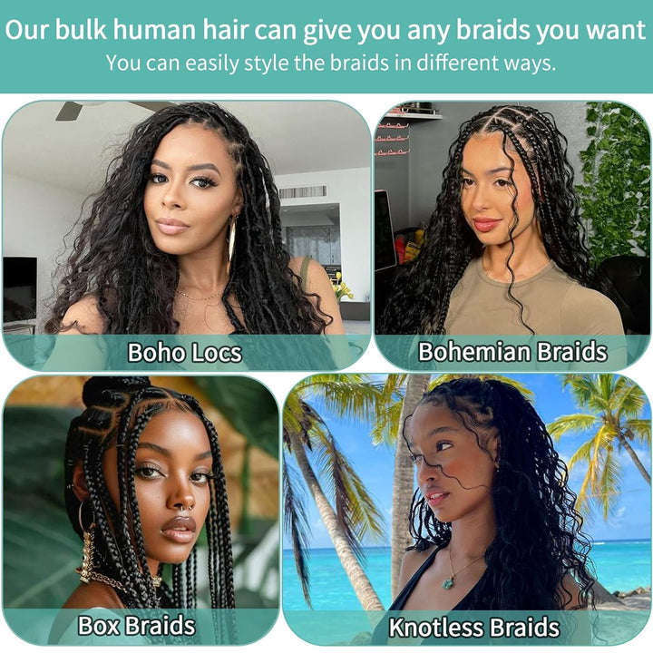 Human Braiding Hair for Boho Braids Human 110G 20 Inch Curly Boho Hair for Braiding Knotless 12A Deep Wave Bulk Bohemian 3 Bundles/Pack Natural Color