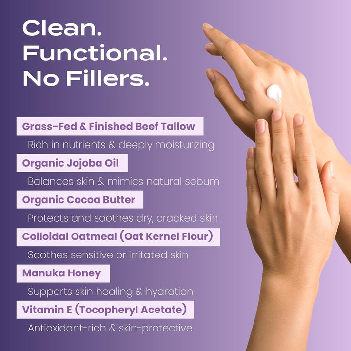 Grass Fed Whipped Beef Tallow for Dry Skin, Face - Manuka Honey, Jojoba Oil, Christmas Stocking Stuffers, White Elephant, Birthday Gifts for Women, Men, Travel Essentials - Lavender