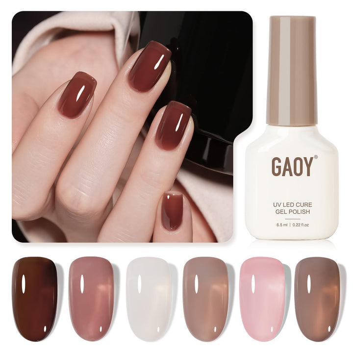 Rose Garden Jelly Gel Nail Polish of 6 Transparent Nude Red Pink Brown Colors Sheer Gel Polish Kit for Salon Manicure and Nail Art DIY at Home