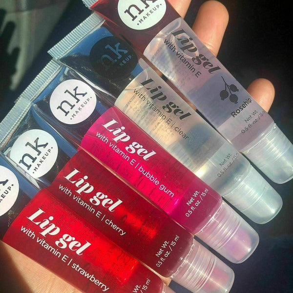 VARIETY SET of 5 NK Hydrating Lip Gel - Vitamin E (Clear, Rosehip Oil, Bubble Gum, Cherry, Strawberry)