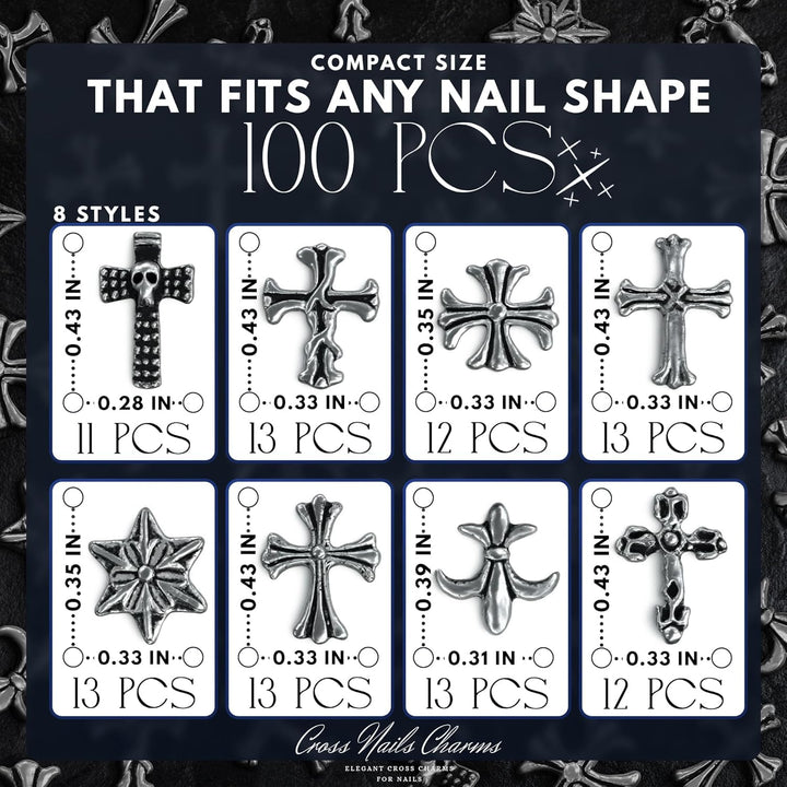 100 Pcs Halloween Nail Charms and Gems - Sturdy & Easy-To-Apply Decorations for DIY & Professional Use, Variety of 3D Acrylic Silver Cross Nail Charms | Halloween Nail Decor or Daily Manicure Designs